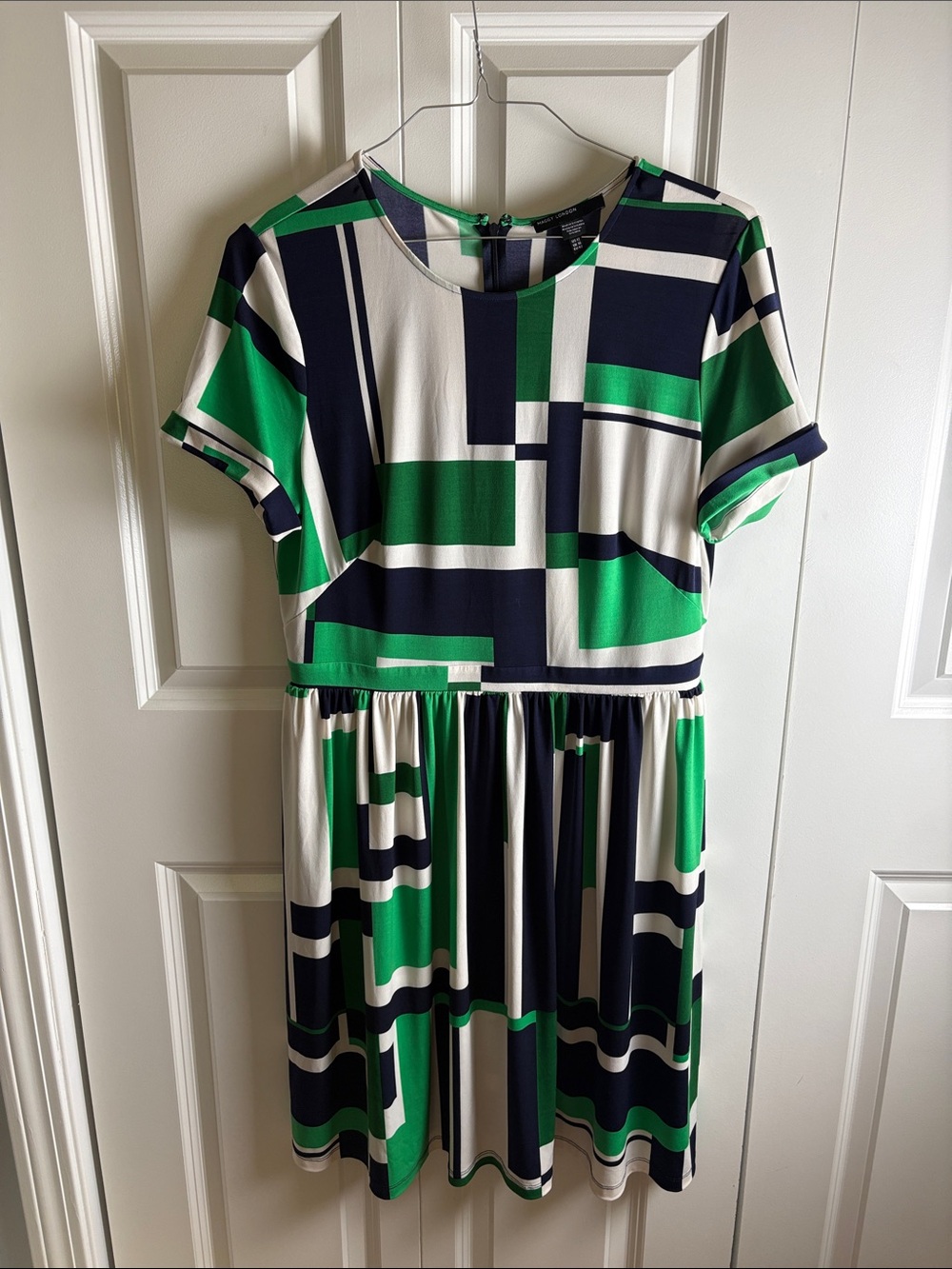 Maggy London Geometric Green Navy and White Short Sleeve Dress
